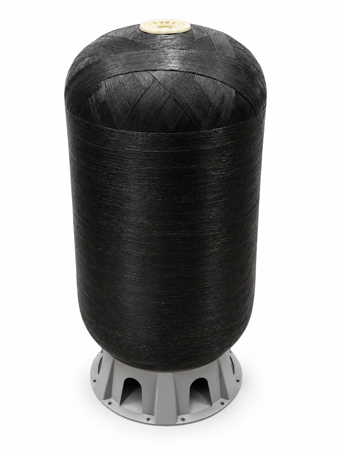 Tape-wound composite pressure vessel sample with a grey support base