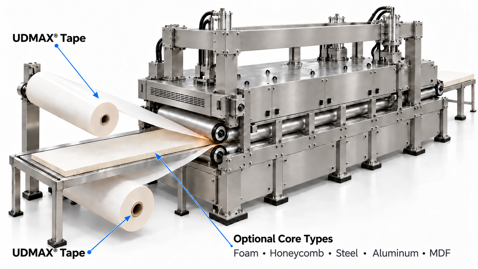 Stainless steel double belt press with white upper and lower rolls labeled UDMAX® Tape in black and a central core feed labeled Optional Core Types: Foam, Honeycomb, Steel, Aluminum and MDF.